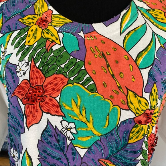 Vintage Victoria Harbour Tropical Foliage & Flower Sequin Beaded Graphic Shirt - Picture 3 of 9